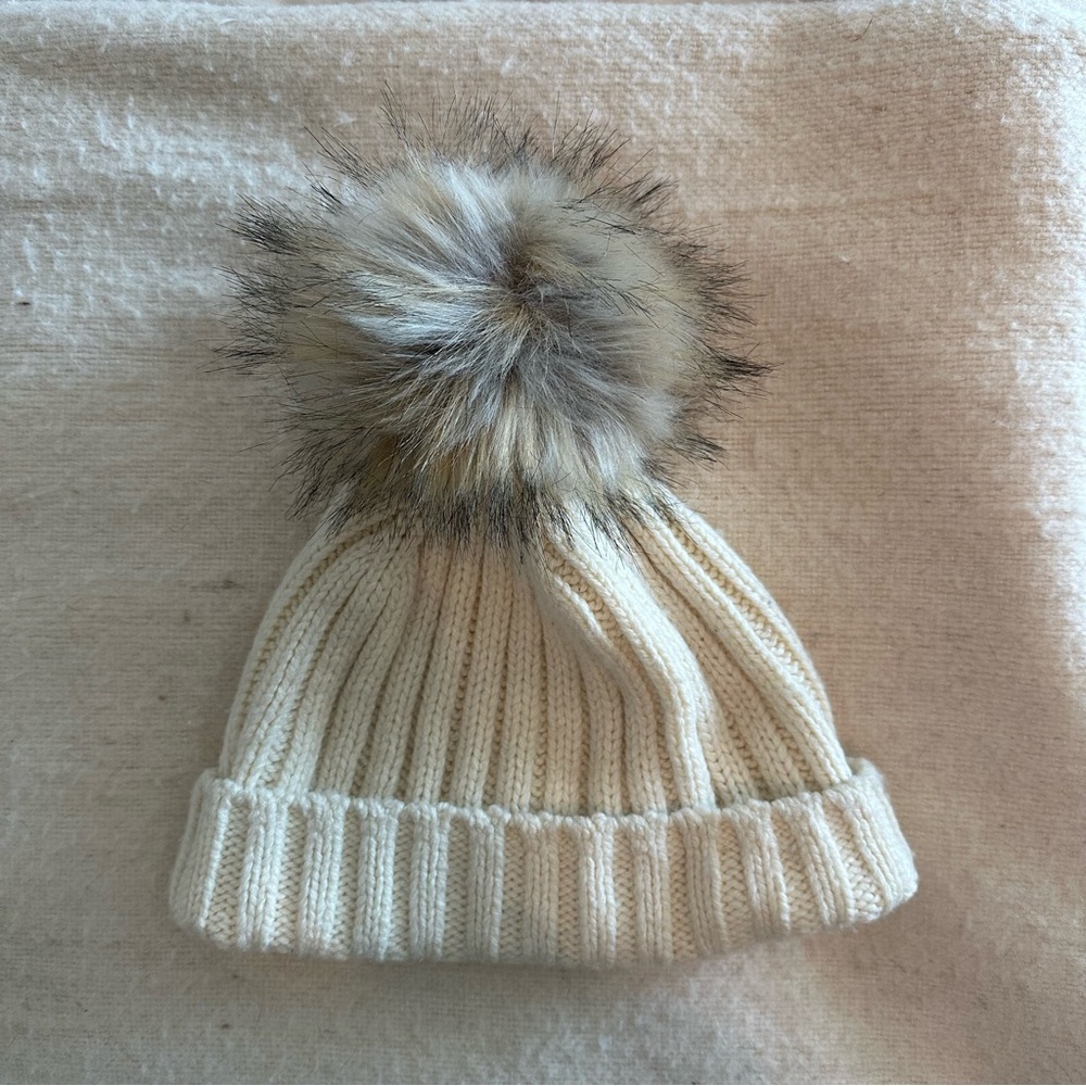 J. Crew Ivory and Faux Fur Pom Pom Beanie